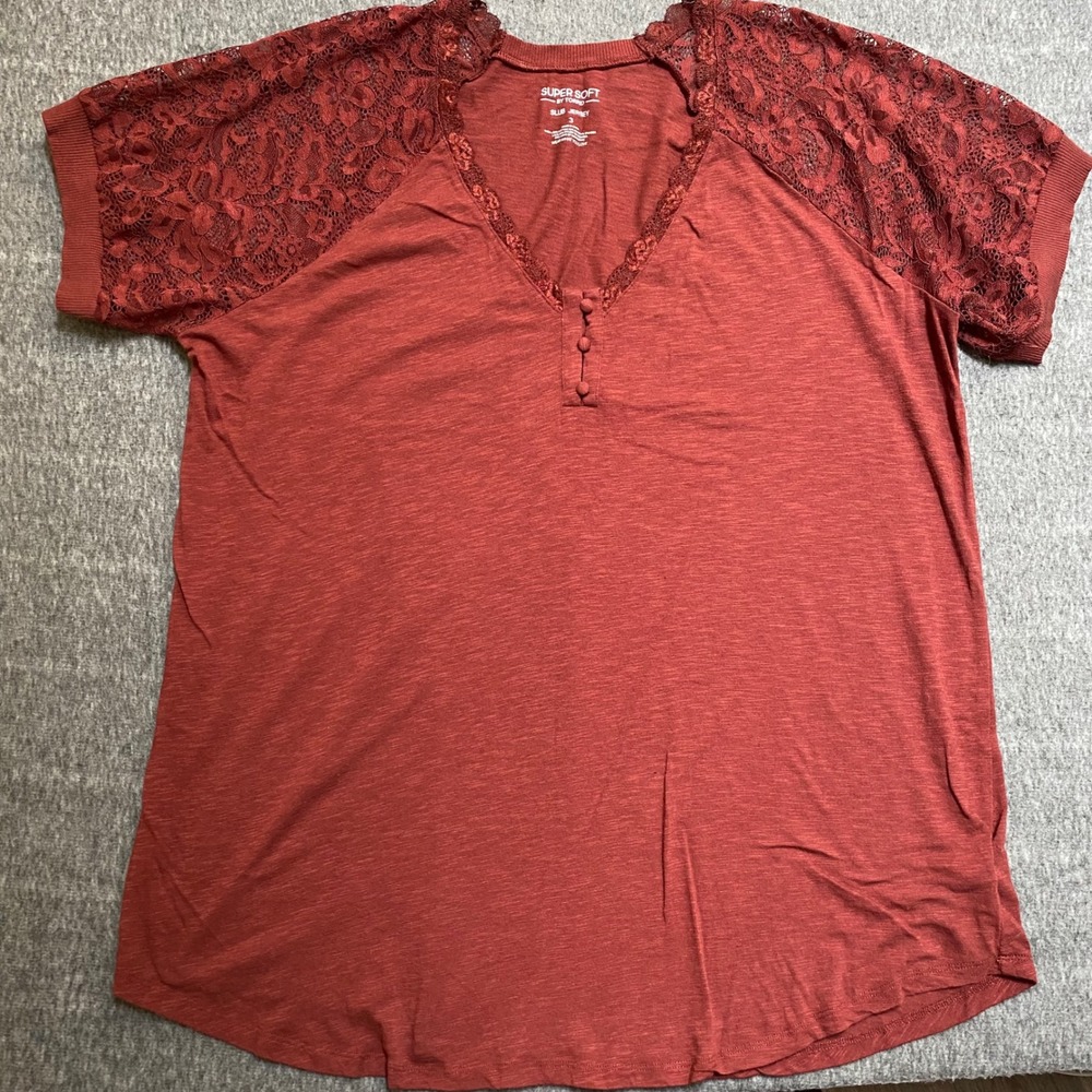 Torrid Super Soft Slub Jersey Lace Raglan Sleeve Henley Top Rust Red Plus Size 3
